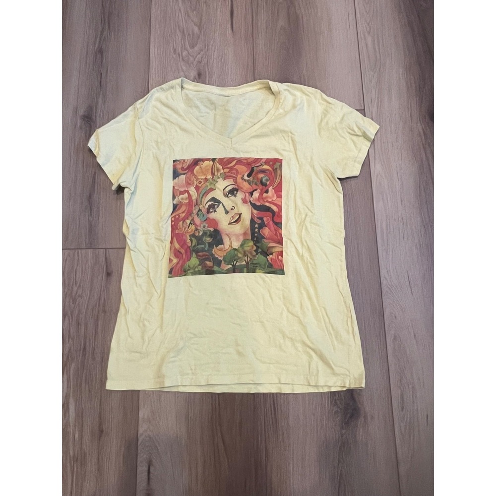 Women's Yellow V-Neck Graphic Art Print T-Shirt Size M Abstract Portrait Short S